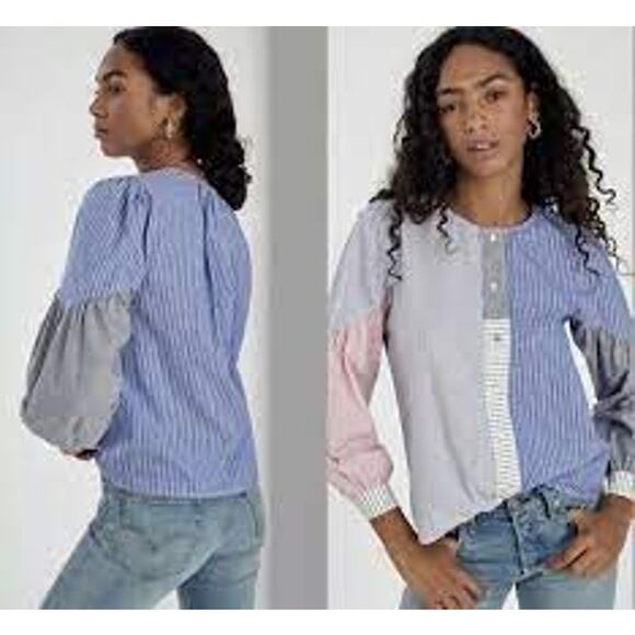 Anthropologie Amadi Small Blue Pink Carice Button Down Striped Patchwork Blouse - Picture 13 of 13
